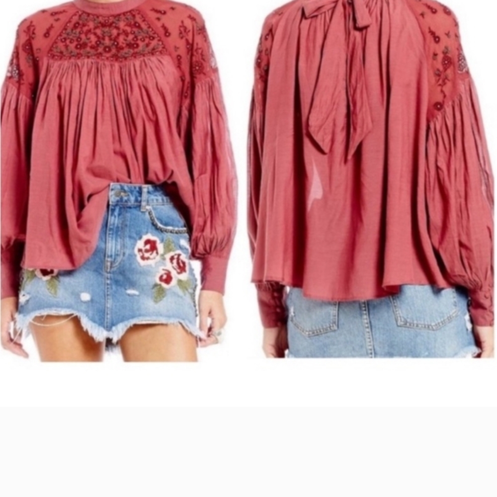 Free People Cranberry Embroidered Women's Top -XS
